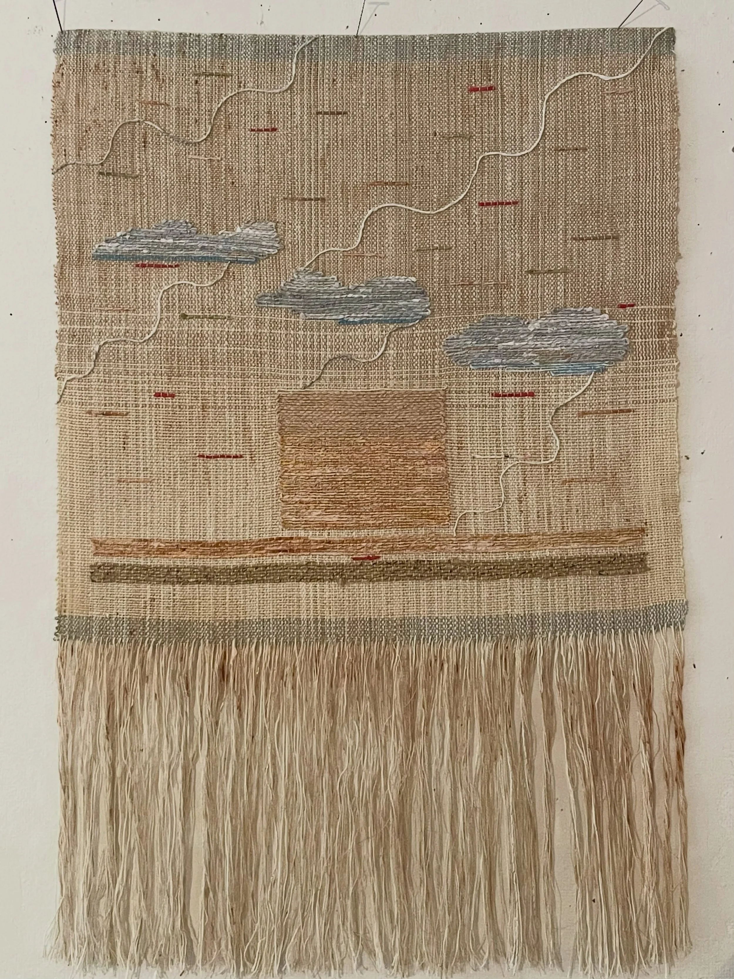 "Imagine This"
22"x15" 
Linen, Cotton, rayon, metallic and handspun paper thread. Brocade woven with inlay and stitching.

Just finished this piece as a demo for a
Kami-ito (Japanese paper spinning) workshop that I am teaching thi