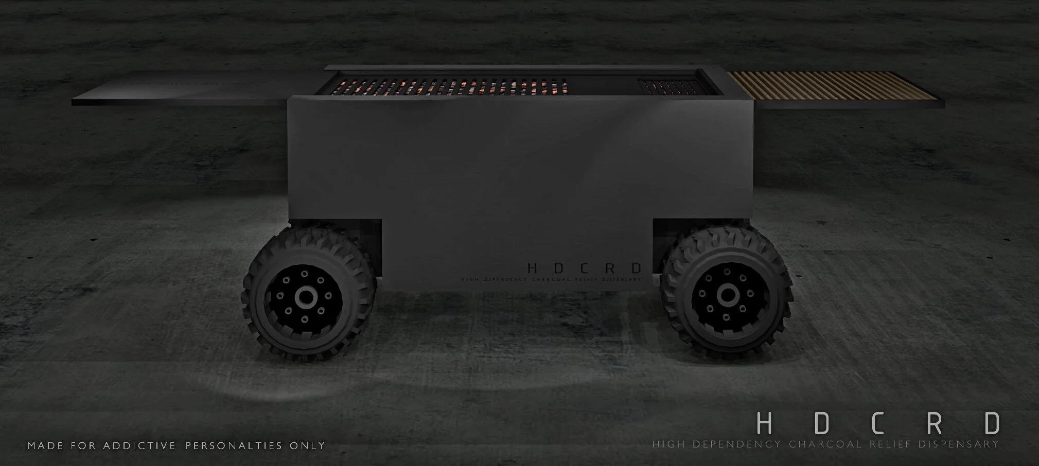 A sleek, modern charcoal dispenser with large wheels, labeled as HDLCRD, placed on a dark textured surface. Text on the image states it is made for addictive personalities and is a high dependency charcoal relief dispensary.