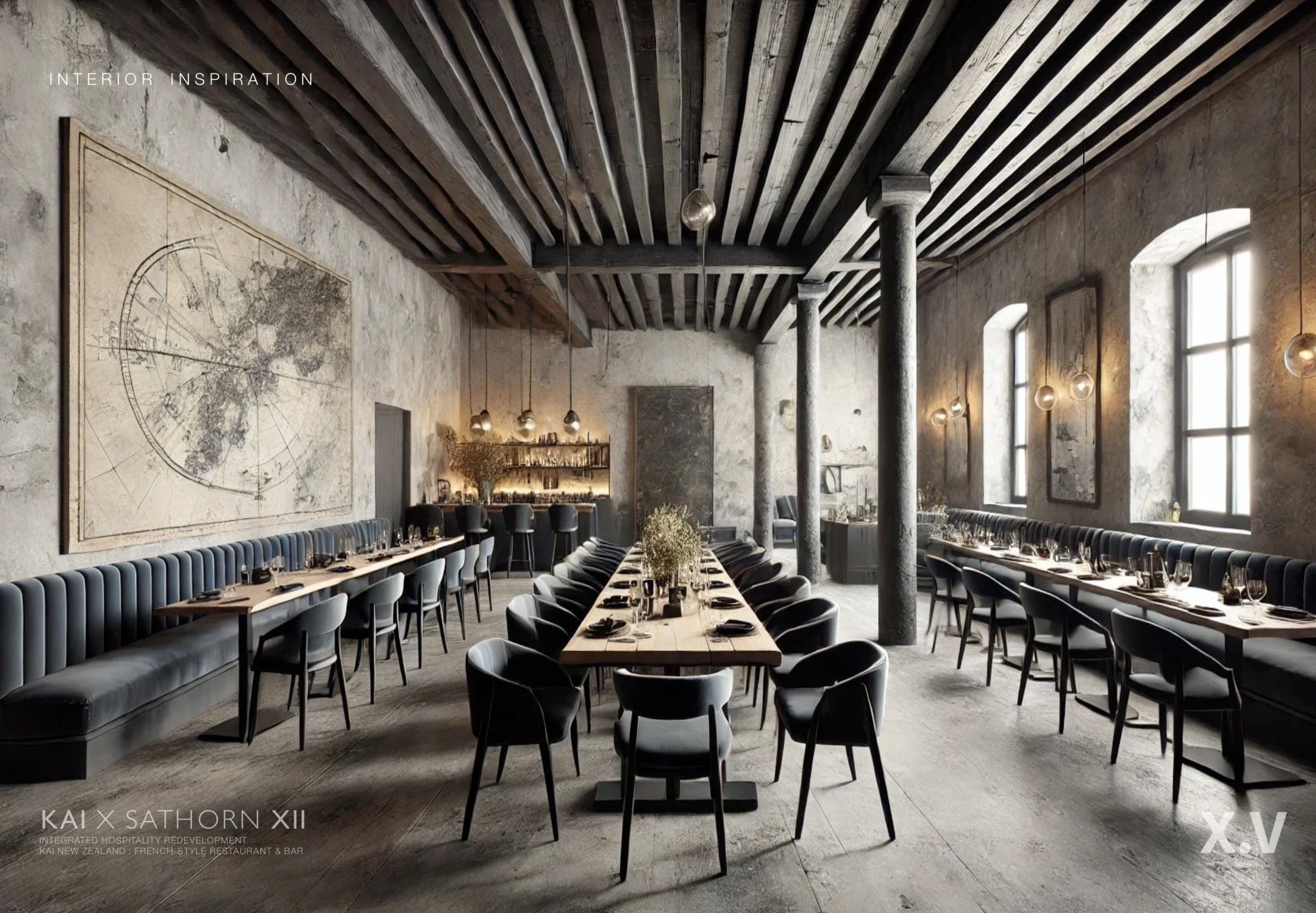Interior of a rustic, modern restaurant with long dining tables, black chairs, exposed concrete walls, timber ceiling beams, large arched windows, and minimal decor.