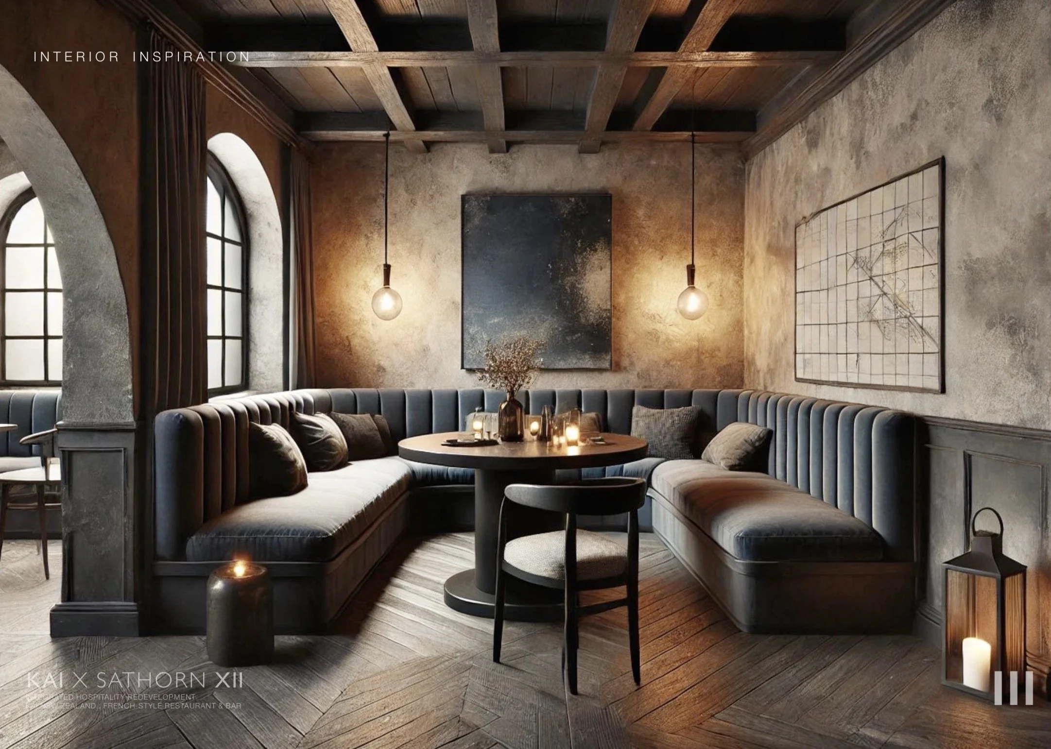 Interior of a restaurant with a curved banquette, table setting with candles, and modern lighting. Exposed wood ceiling and textured walls with artwork.