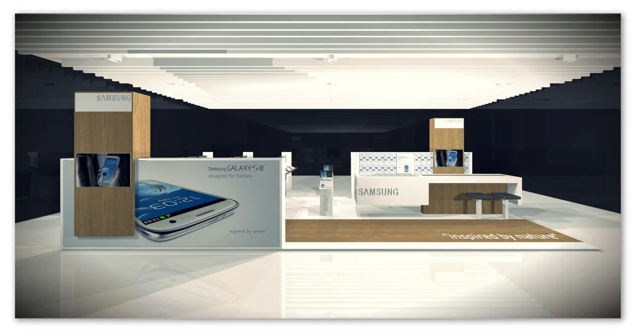 Samsung store display showcasing Galaxy S III smartphone with promotional posters and product samples.