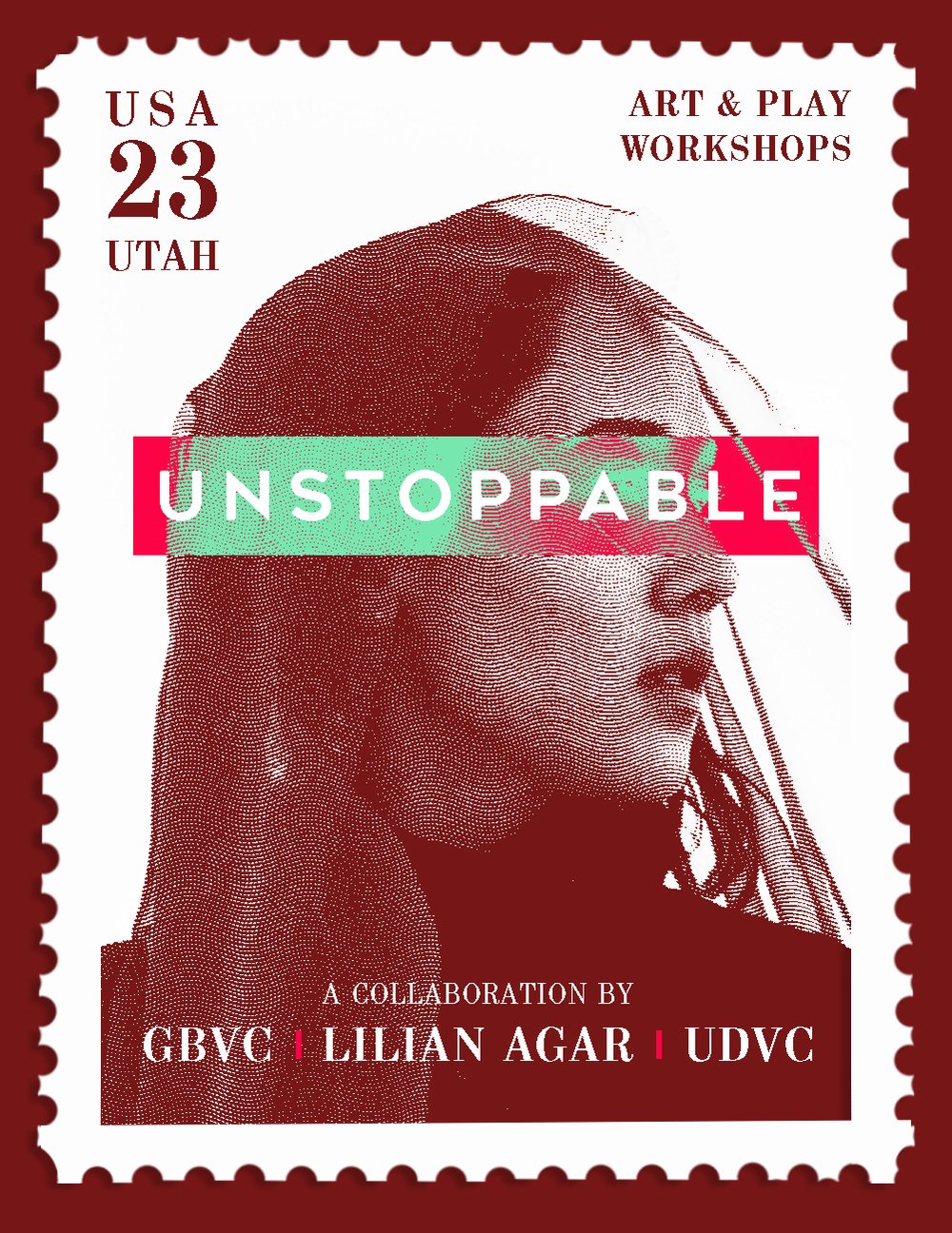 a mail stamp with a profile of a woman with the word 'unstoppable' across her face