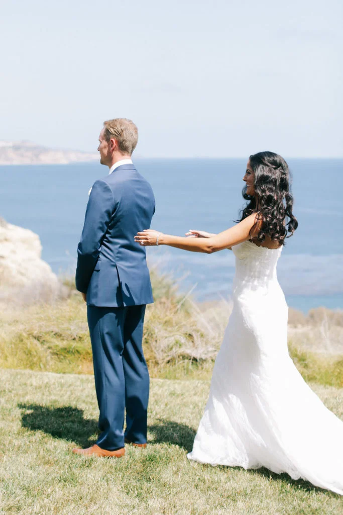 aboutdetailsdetails.com | Brandon Kidd | LA Wedding Planner | Catalina Point Wedding | Monique Lhuillier | Wedding Gown | Wedding Fashion | Bride and Groom | First Look | Ocean Backdrop
