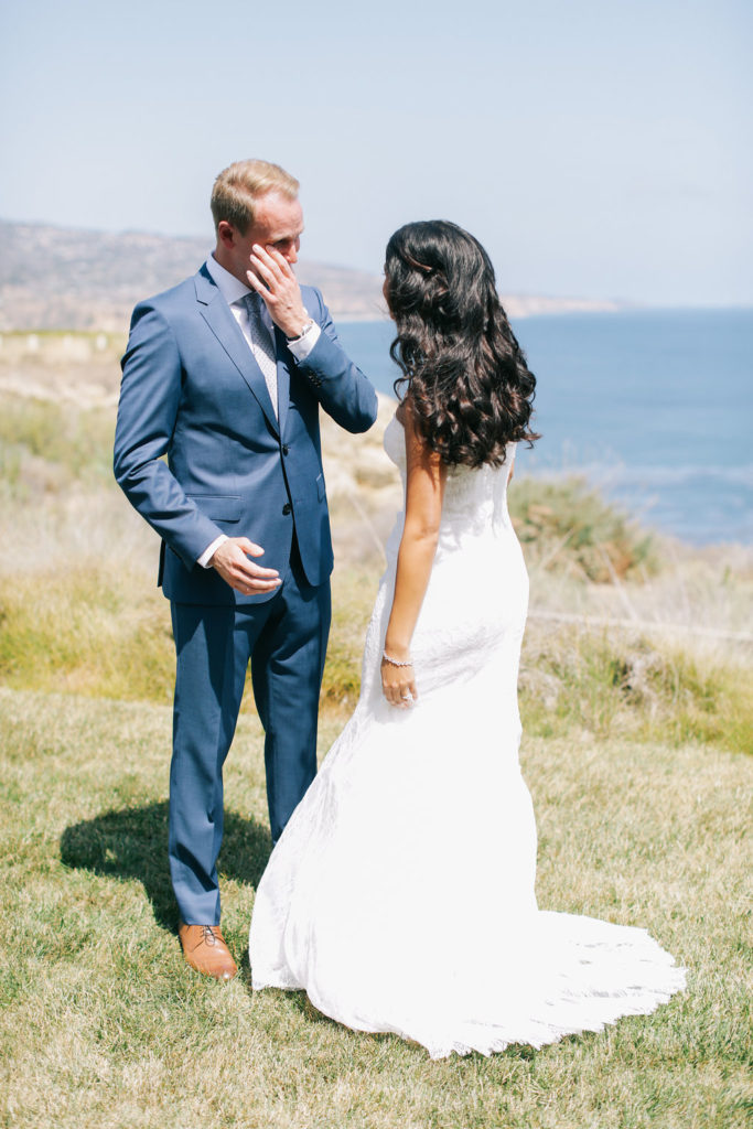 aboutdetailsdetails.com | Brandon Kidd | LA Wedding Planner | Catalina Point Wedding | Monique Lhuillier | Wedding Gown | Wedding Fashion | Bride and Groom | First Look | Ocean Backdrop