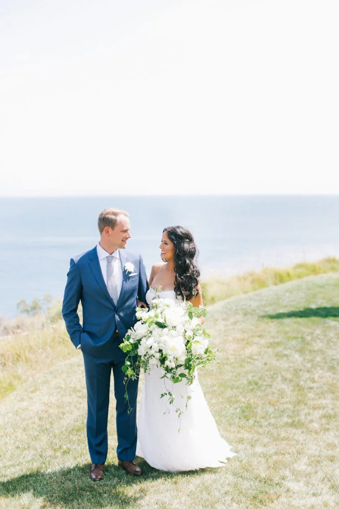 aboutdetailsdetails.com | Brandon Kidd | LA Wedding Planner | Catalina Point Wedding | Monique Lhuillier | Wedding Gown | Wedding Fashion | Bride and Groom | First Look | Ocean Backdrop | Oversized Lush Garden Bouquet