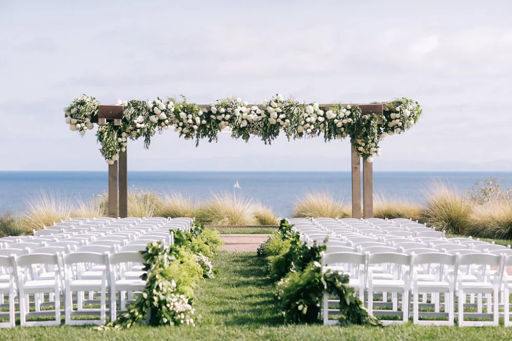 aboutdetailsdetails.com | Brandon Kidd | LA Wedding Planner | Catalina Point Wedding | Wedding Ceremony Inspiration | Ocean Backdrop | Textured Garlands | Garland Lined Wedding Aisle