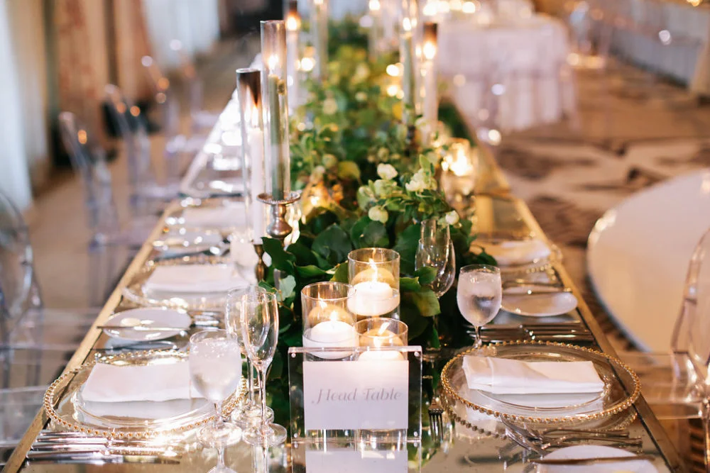 aboutdetailsdetails.com | Brandon Kidd | LA Wedding Planner | Catalina Point Wedding | Wedding Reception Inspiration | Lush Greenery | Candlelight | Tall Floral Centerpieces | Head Table