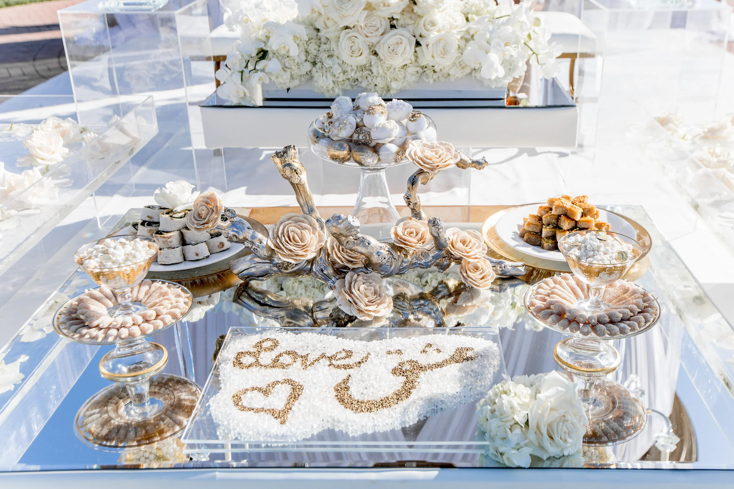 Aboutdetailsdetails | Katie Beverley Photography | Pelican Hill | Ocean View | White draping | White orchid | Glass vases | White roses | Dessert table | Sweets | Mirrors
