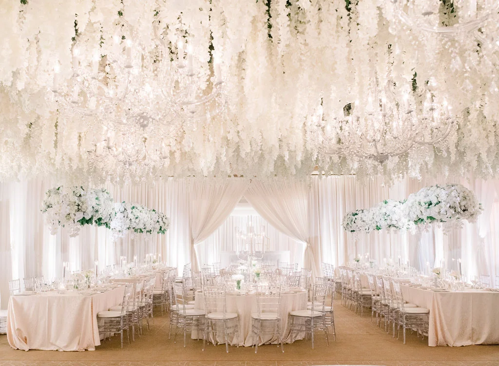 aboutdetailsdetails | flower ceiling hanging | white wonderland | reception | pelican hill | white drapes | OCweddingplanner |