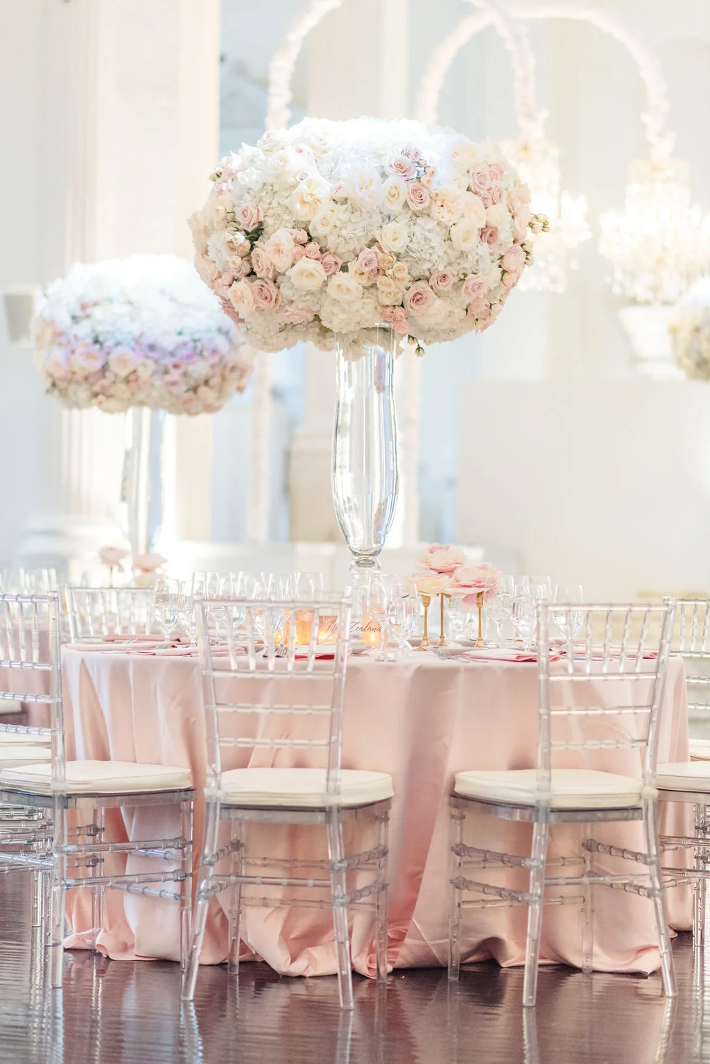 aboutdetailsdetails | OCweddingplanner | indoor reception | ballroom style | wedding inspiration | white and pink rose center pieces |