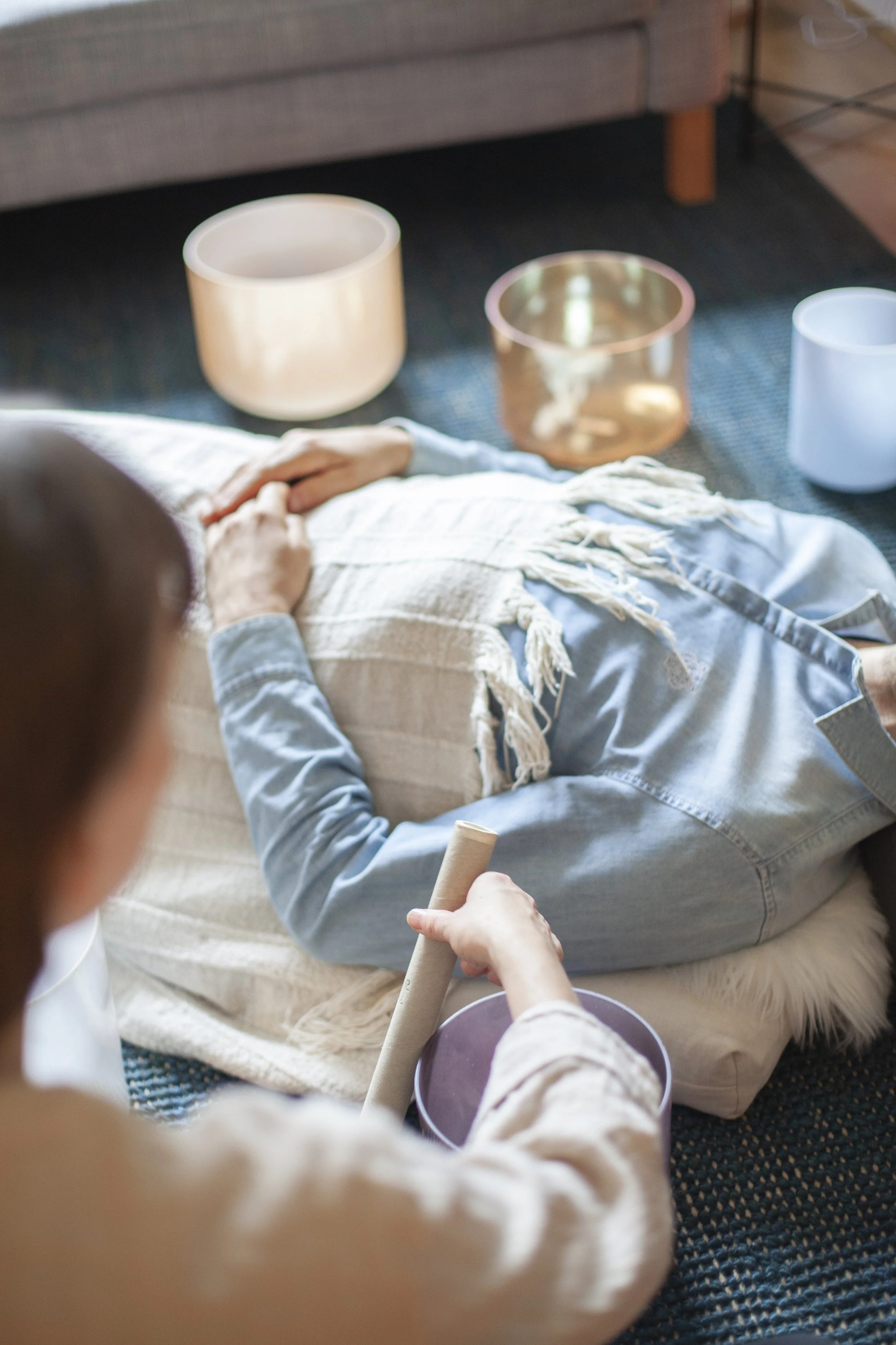 Image of a 1:1 Therapeutic Sound Healing Session using Alchemy Crystal Singing Bowls