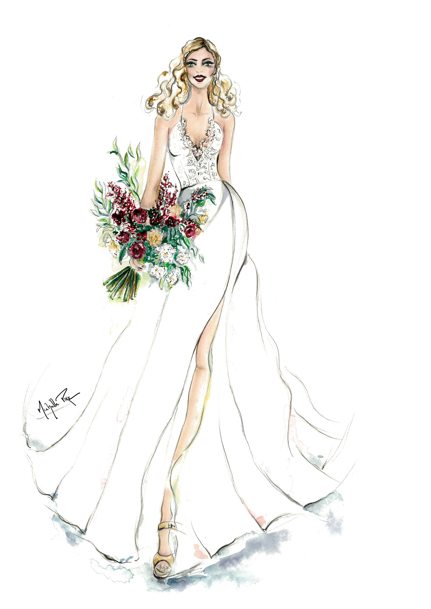 Hand Drawn Sketch Of Bride With Bouquet Veil And Train Stock Illustration   Download Image Now  iStock