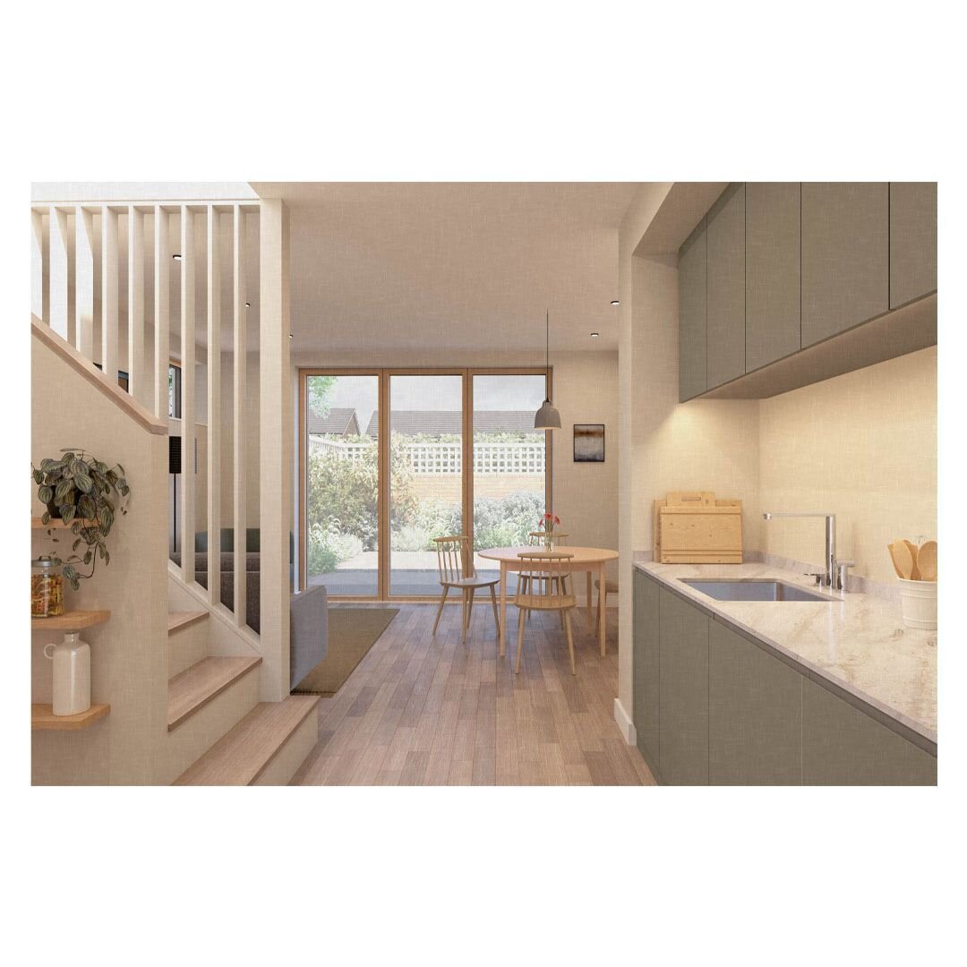 6/6
In the kitchen of one of the larger maisonettes, looking through to the rear garden. The staircases, positioned in the heart of the home, introduce subtle details to help screen and zone the open-plan living space, whilst rooflights above the sta