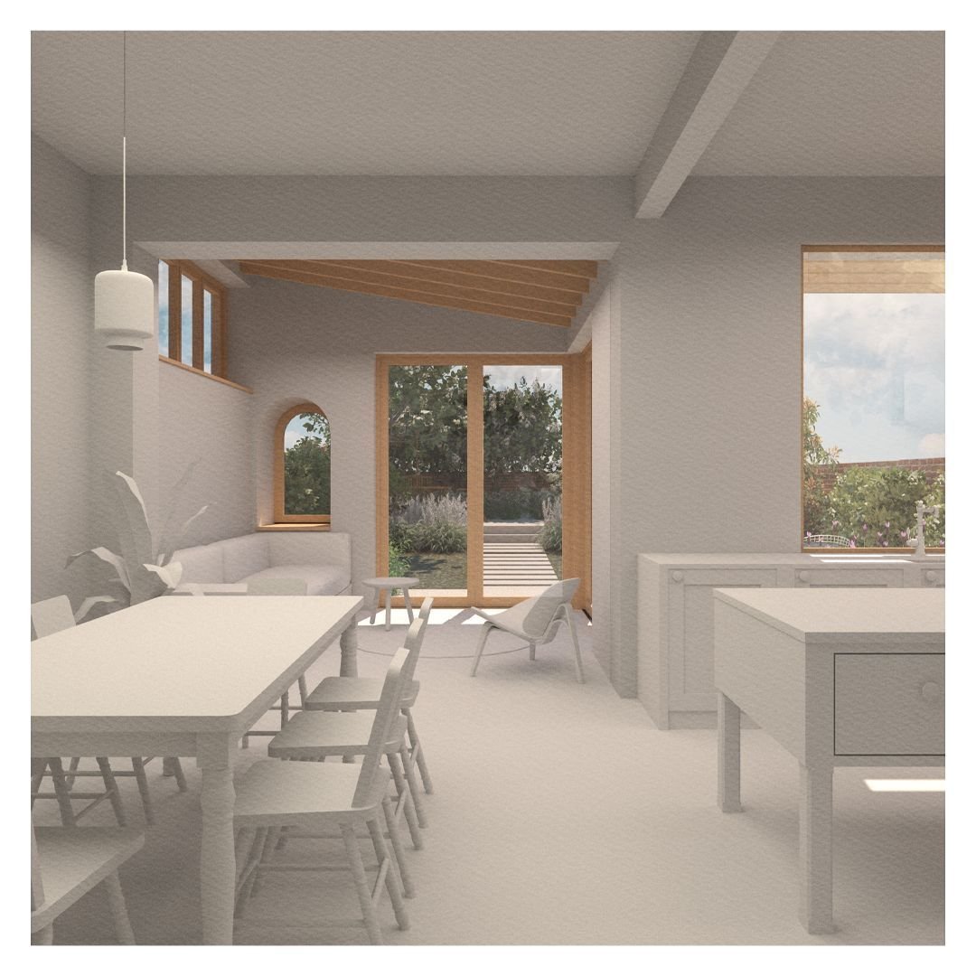 2/3
A peak inside our project in Bristol, currently in for planning. The rear extension, combined with reconfigurations to the ground floor layout, creates a L-shaped kitchen, dining &amp; living room with open views onto the garden. Clerestory windo