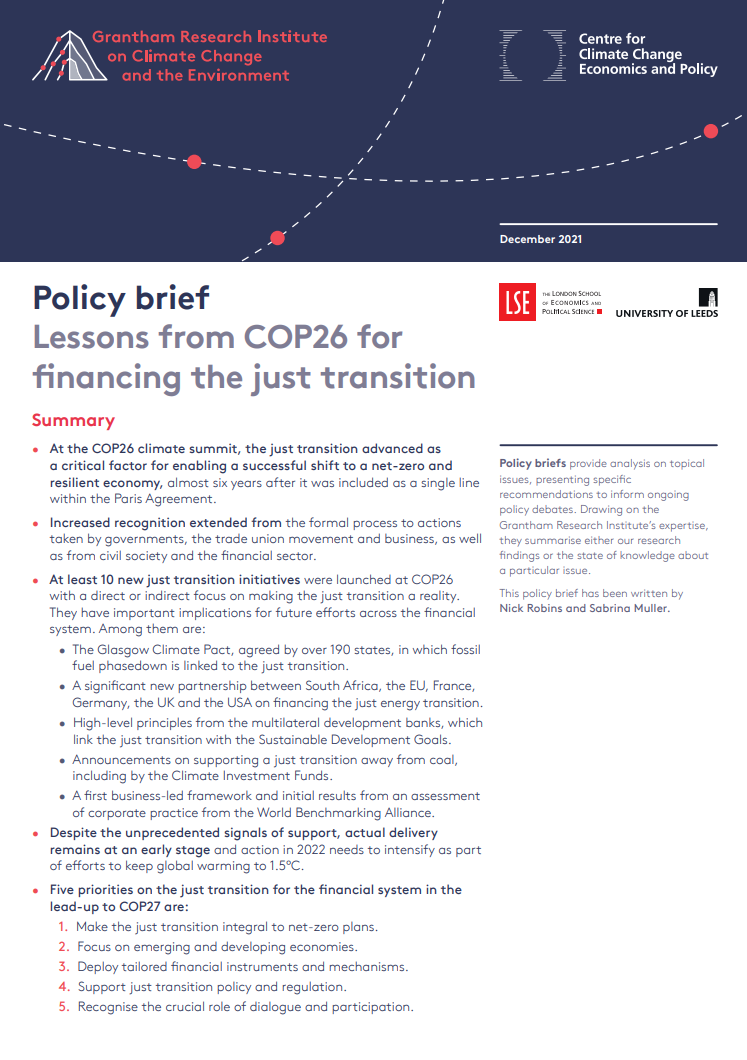 LESSONS FROM COP26 FOR FINANCING THE JUST TRANSITION