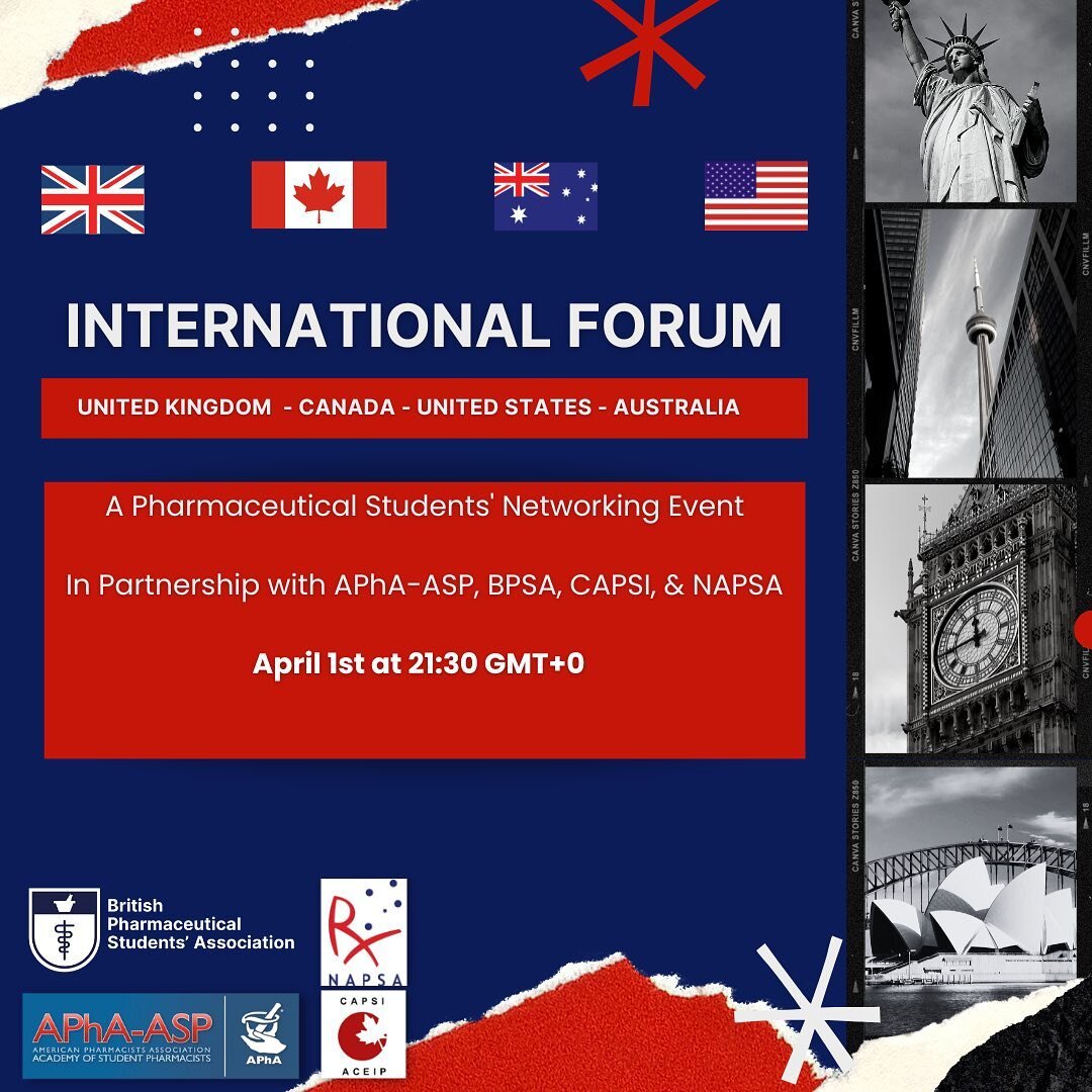 Are you interested in networking with other pharmacy students from around the world?🌎

Do you want to hear about the day in the life of a pharmacy student and the career of a pharmacist in the USA 🇺🇸 Australia 🇦🇺 and Canada 🇨🇦?

Why not join u