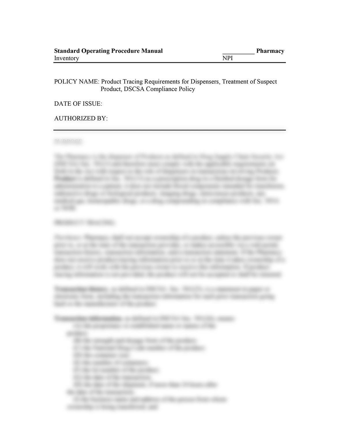 Product Tracing; Treatment of Suspect Product; DSCSA Compliance Policy