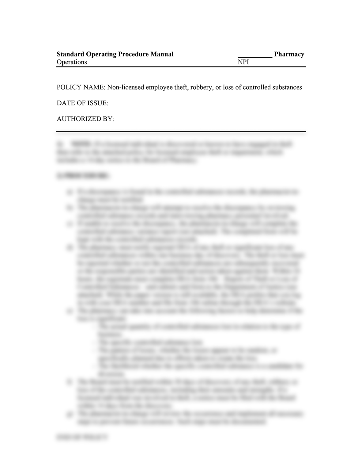 Non-licensed employee theft, robbery, or loss of controlled substances