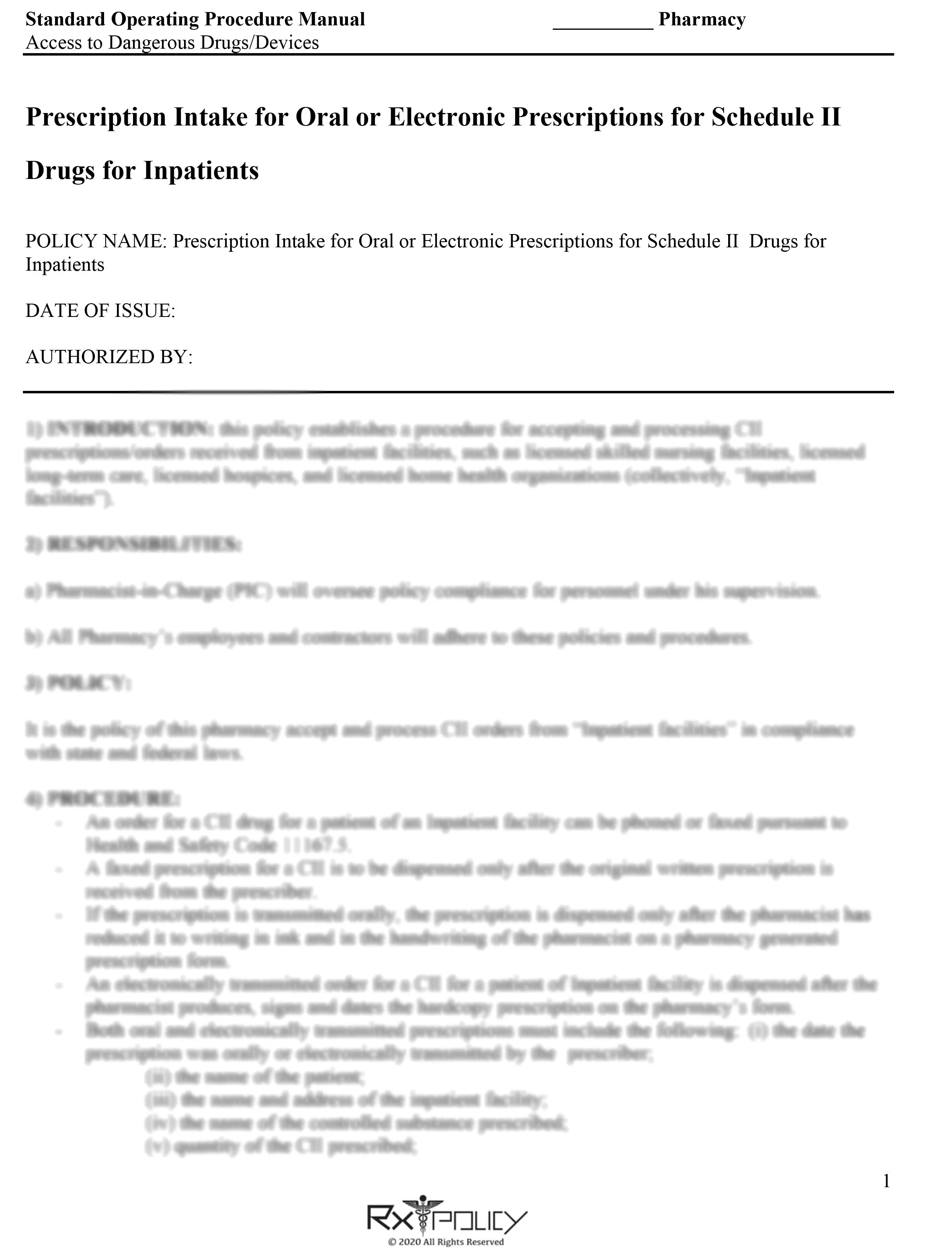 Prescription Intake for Oral or Electronic Prescriptions for Schedule II Drugs for Inpatients