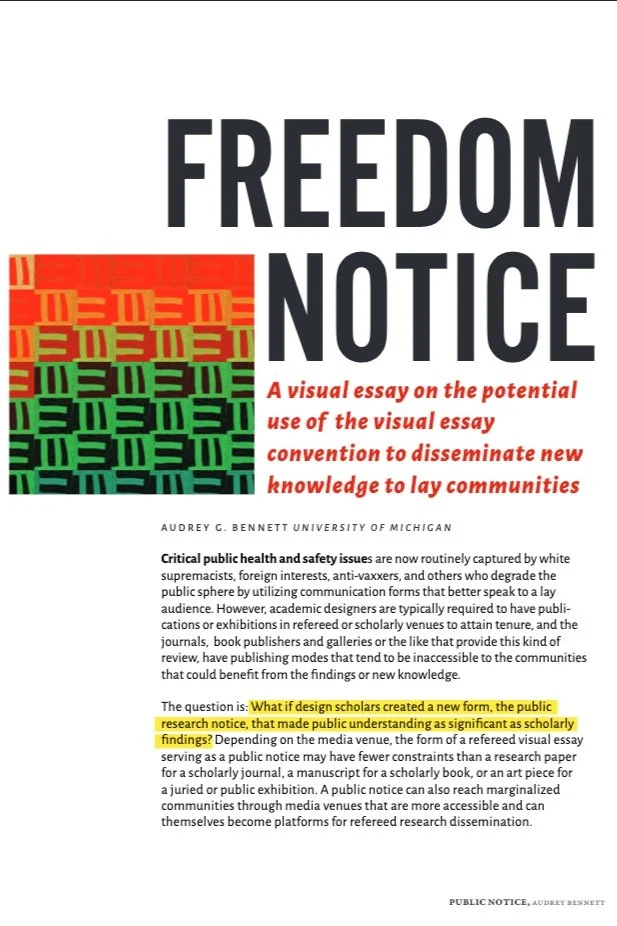 Screenshot of Bennett's visual essay titled "Freedom Notice: A Visual essay on the potential use of the visual essay convention to disseminate new knowledge to lay communities
