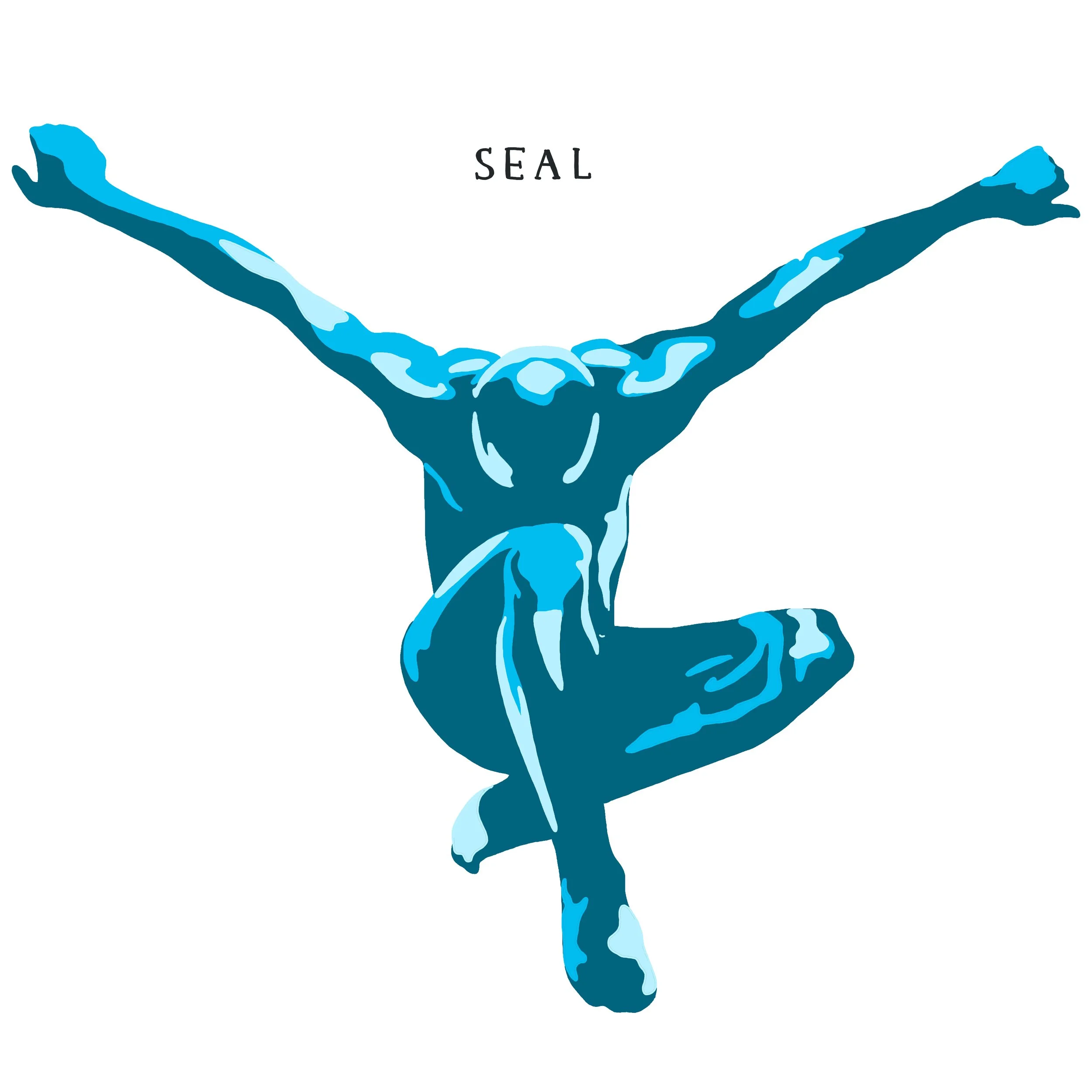 Seal with arms spread out and kneeling with his head on his knee