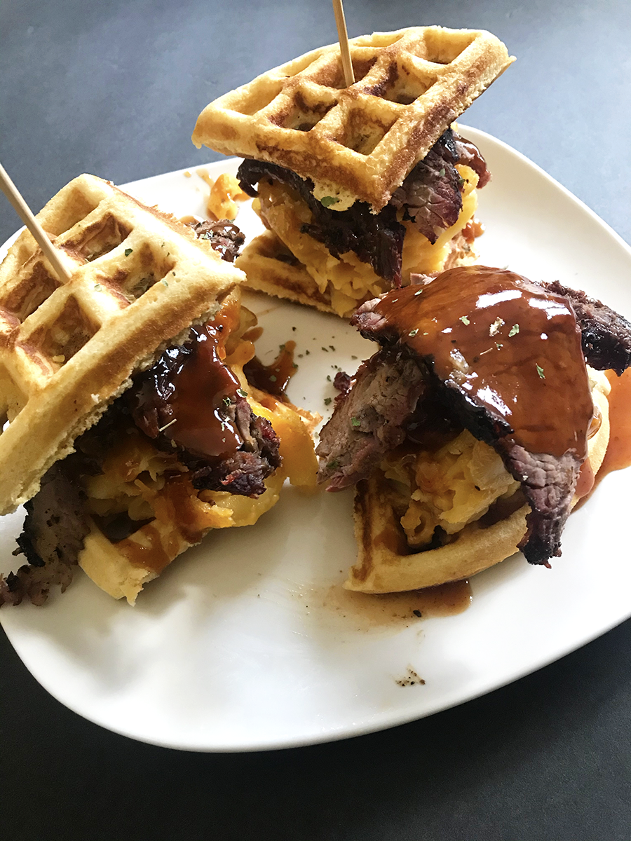 Cornbread Brisket Waffle Sliders with Mac and Cheese 