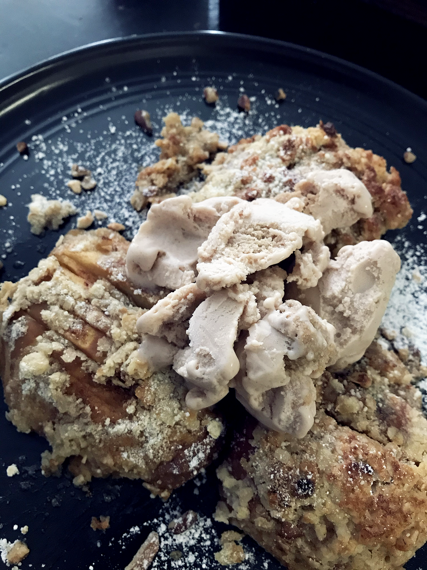 Apple, Oat and Walnut Hassleback Topped With SnickerDoodle Ice Cream.