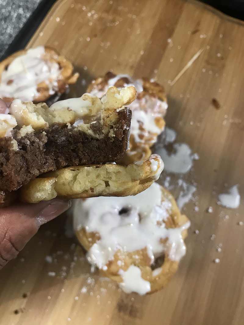 The combination of textures, from the crunch of the funnel cake to the soft moist brownie cake, it’s a perfect bite.