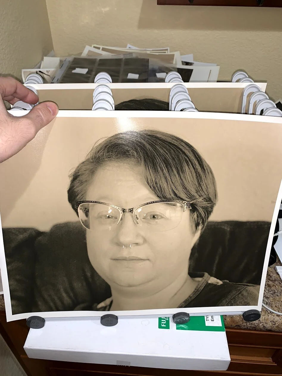 Test 4x5 portrait to a test 11x14 Ilford MGV RC lith print in ModernLithC1 with chloride and old brown (still learning how to take not terrible portraits in this isolation)