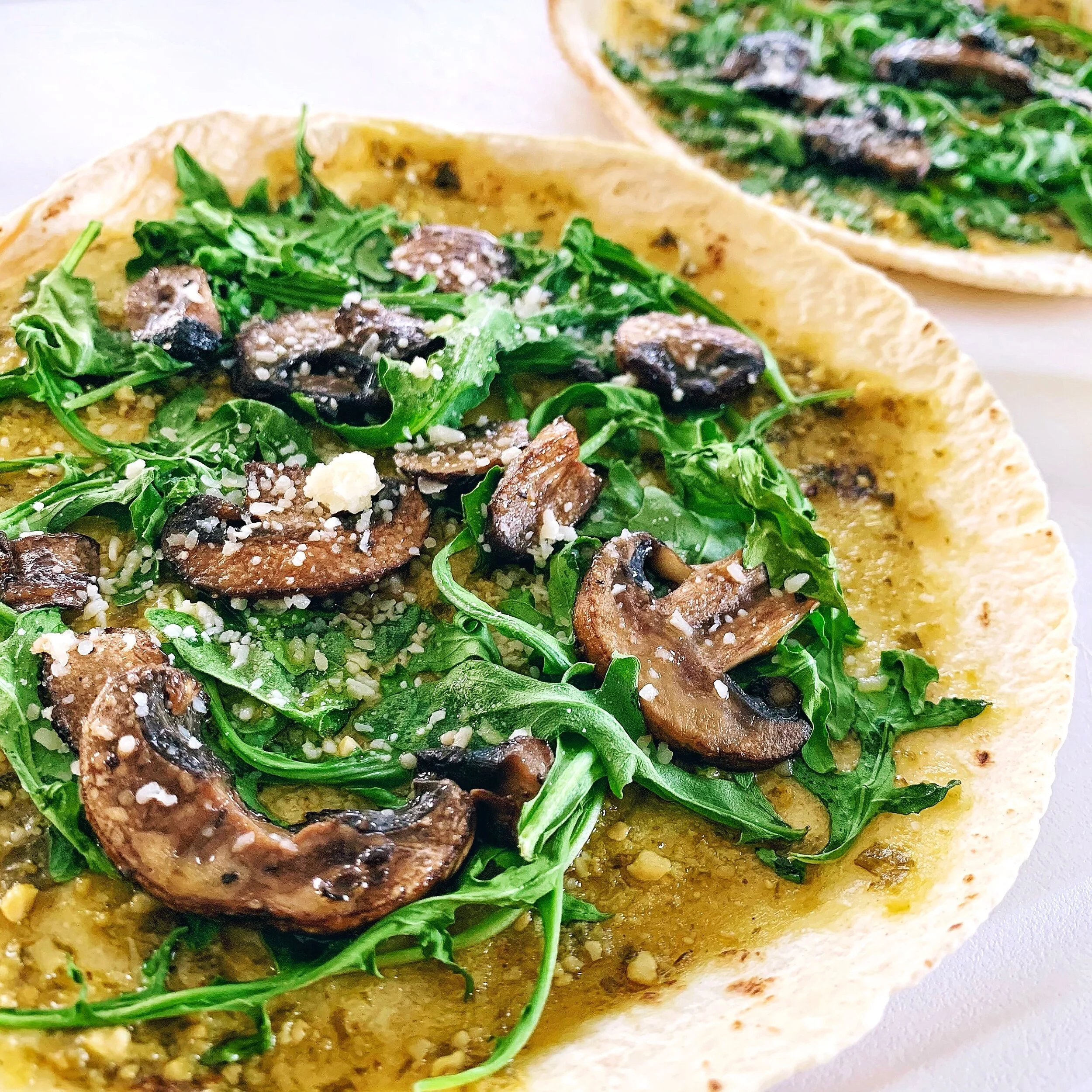 Roasted Mushroom and Arugula Pesto Tortilla Pizza