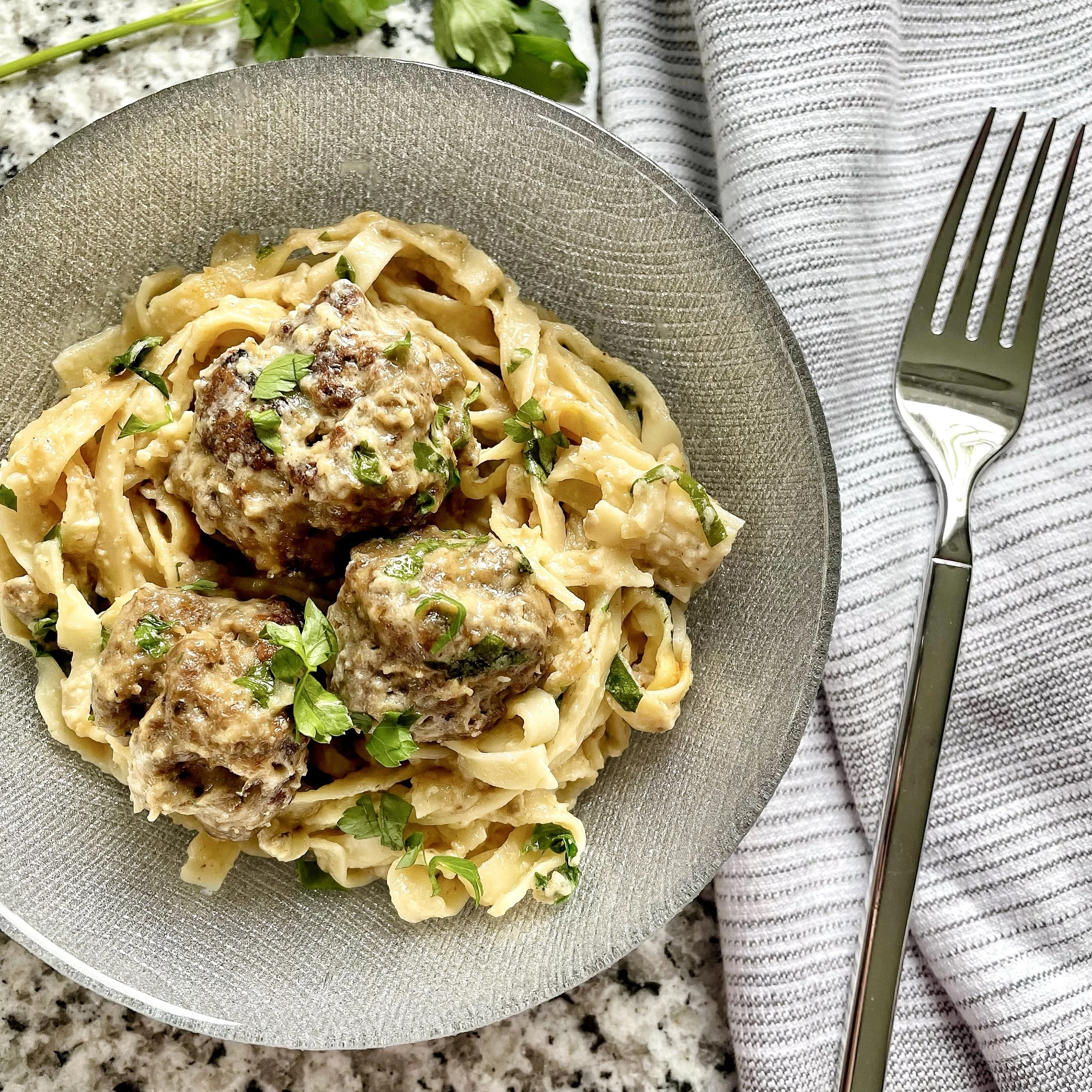 Creamy Egg Noodles and Meatballs