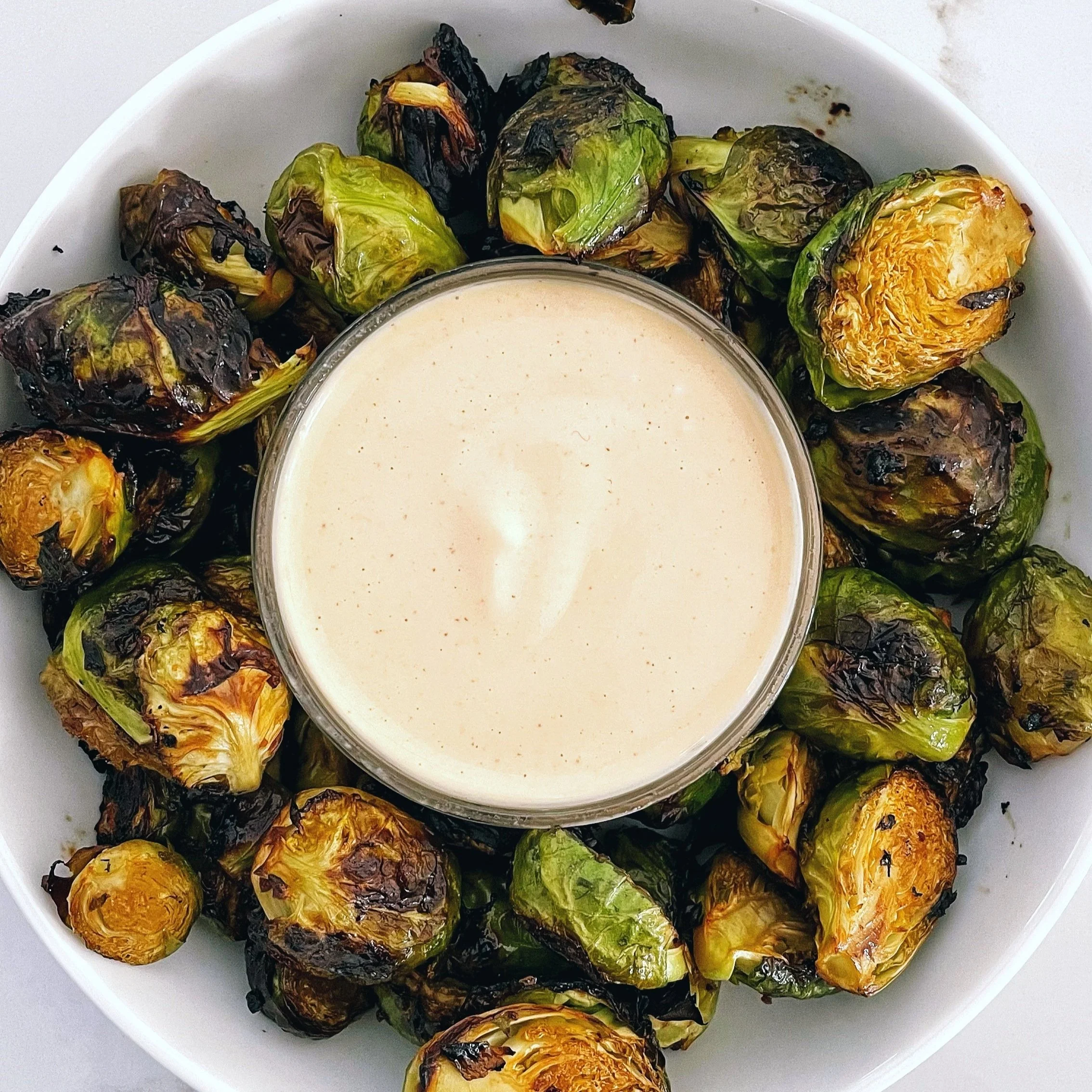 Teriyaki Roasted Brussels Sprouts with Sriracha Aioli