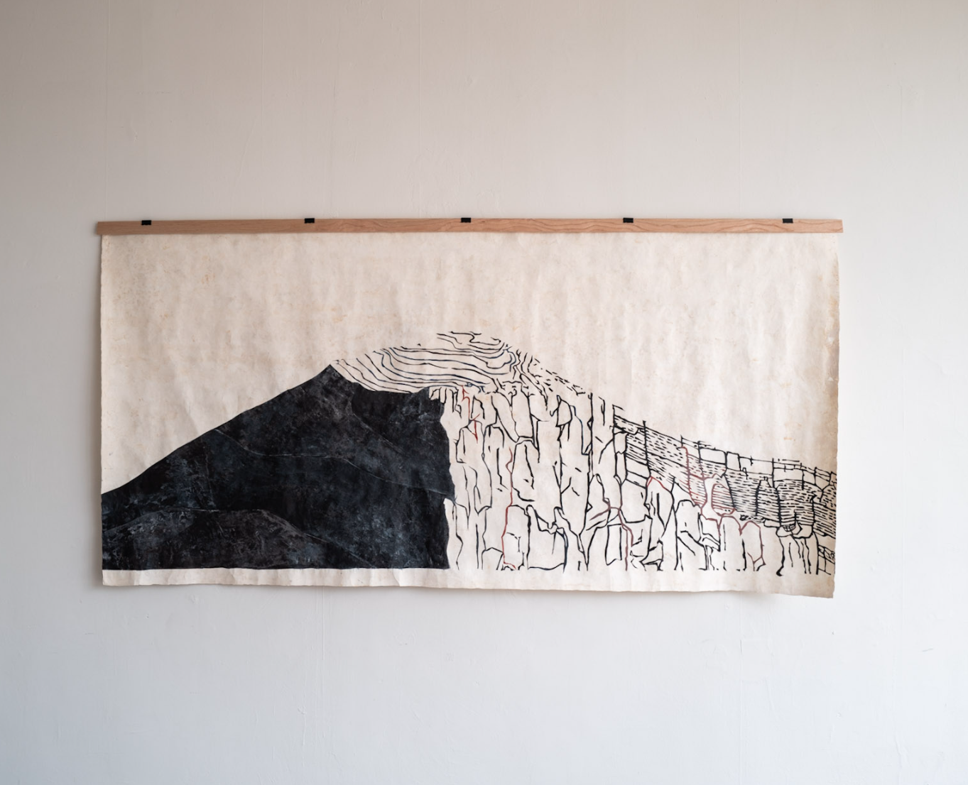 Large horizontal painting on amate paper combining a black volcanic silhouette with fine bathymetric and linework from a scientific drawing of the retina.
