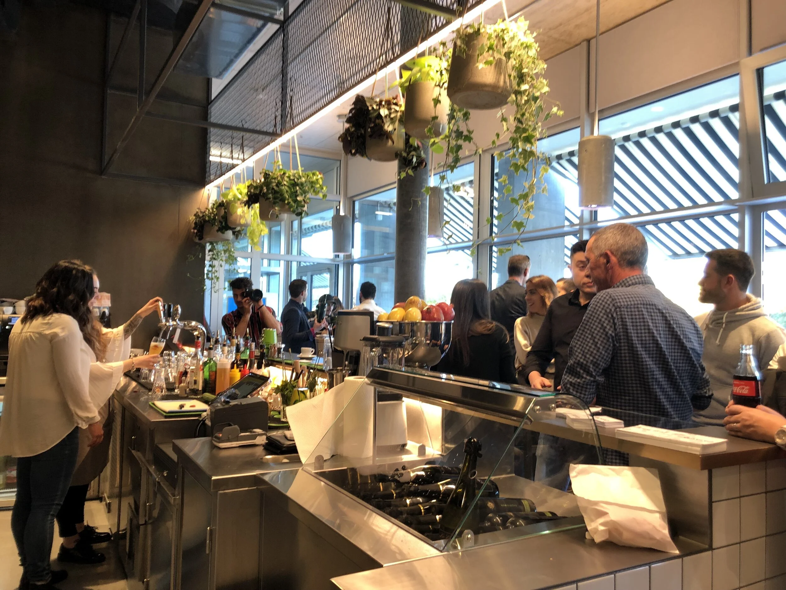 People standing at a modern bar with drinks, greenery hanging from ceiling