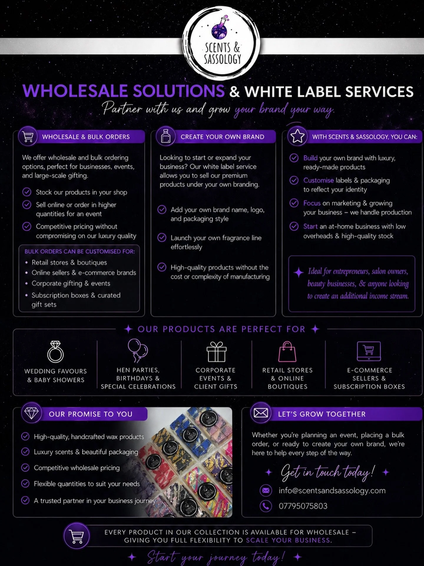 Wholesale Solutions &amp; White Label Services with Scents &amp; Sassology🚀

We offer flexible wholesale and bulk ordering options, perfect for businesses, events, and large-scale gifting. Stock our luxury wax melts in your shop, sell online, or ord