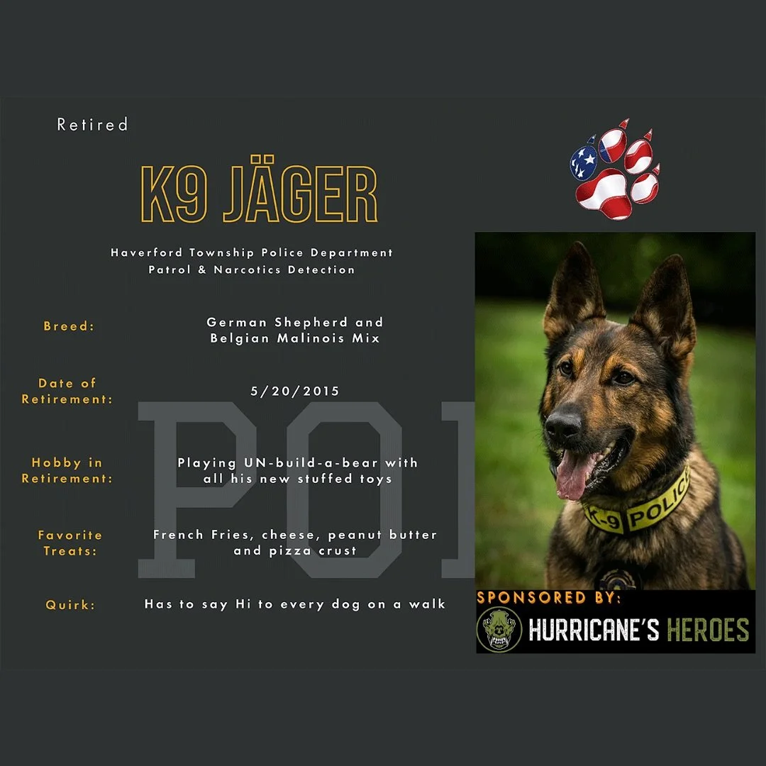 📣Meet K9 J&auml;ger📣

J&auml;ger is a retired dual purpose, patrol and narcotics, dog for the Haverford Township Police Department (PA) and one of our newest sponsored pups!!

K9 J&auml;ger served for the Haverford Township Police Department, certi