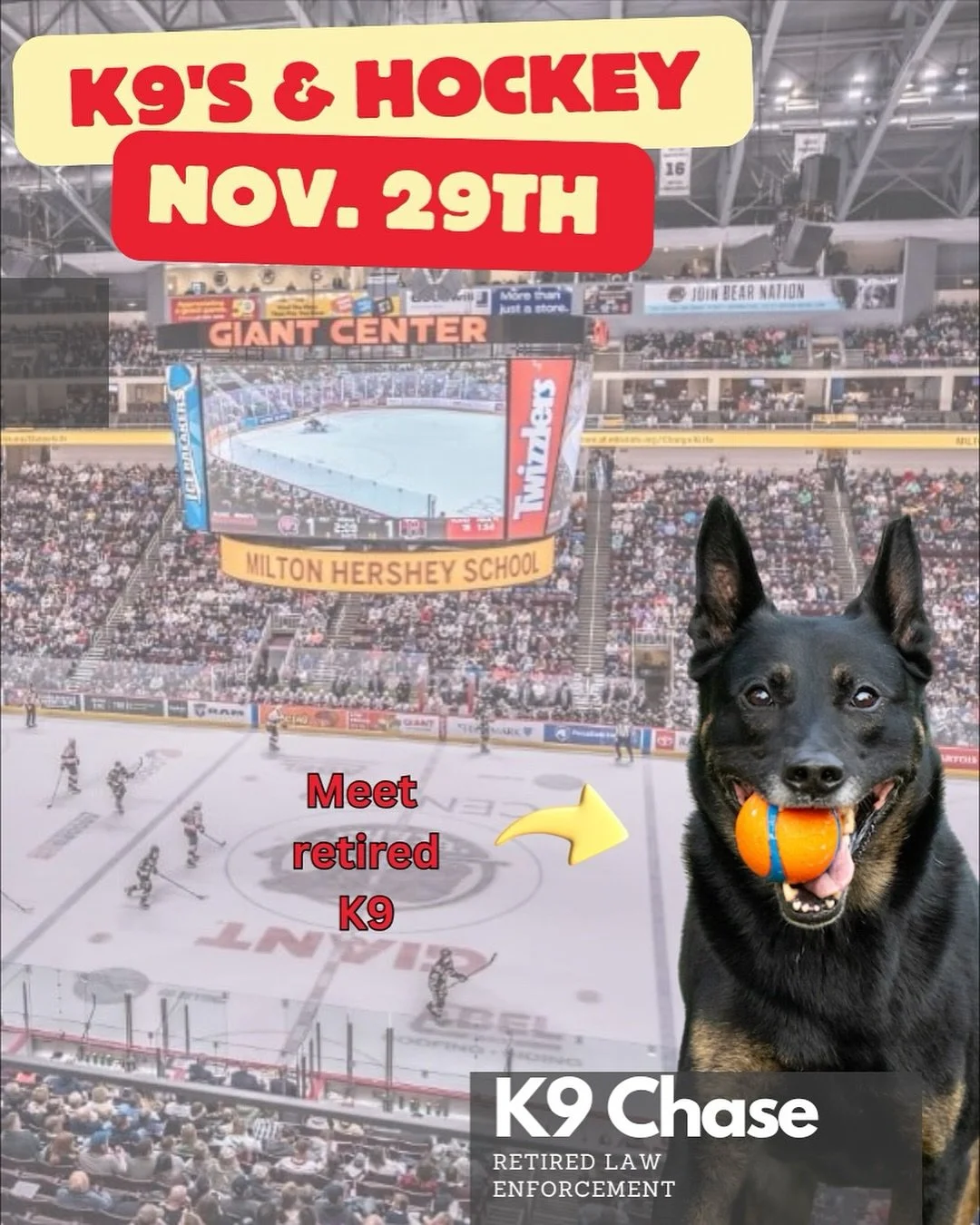 Help support K9 Hurricane&rsquo;s Heroes and meet retired LE K9 Chase! Join us for the Hershey Bears game on November 29th at the GIANT Center! 

For the 3rd year in the row, No Such Hockey (NSH) has organized the Friendship Series Games to raise awa