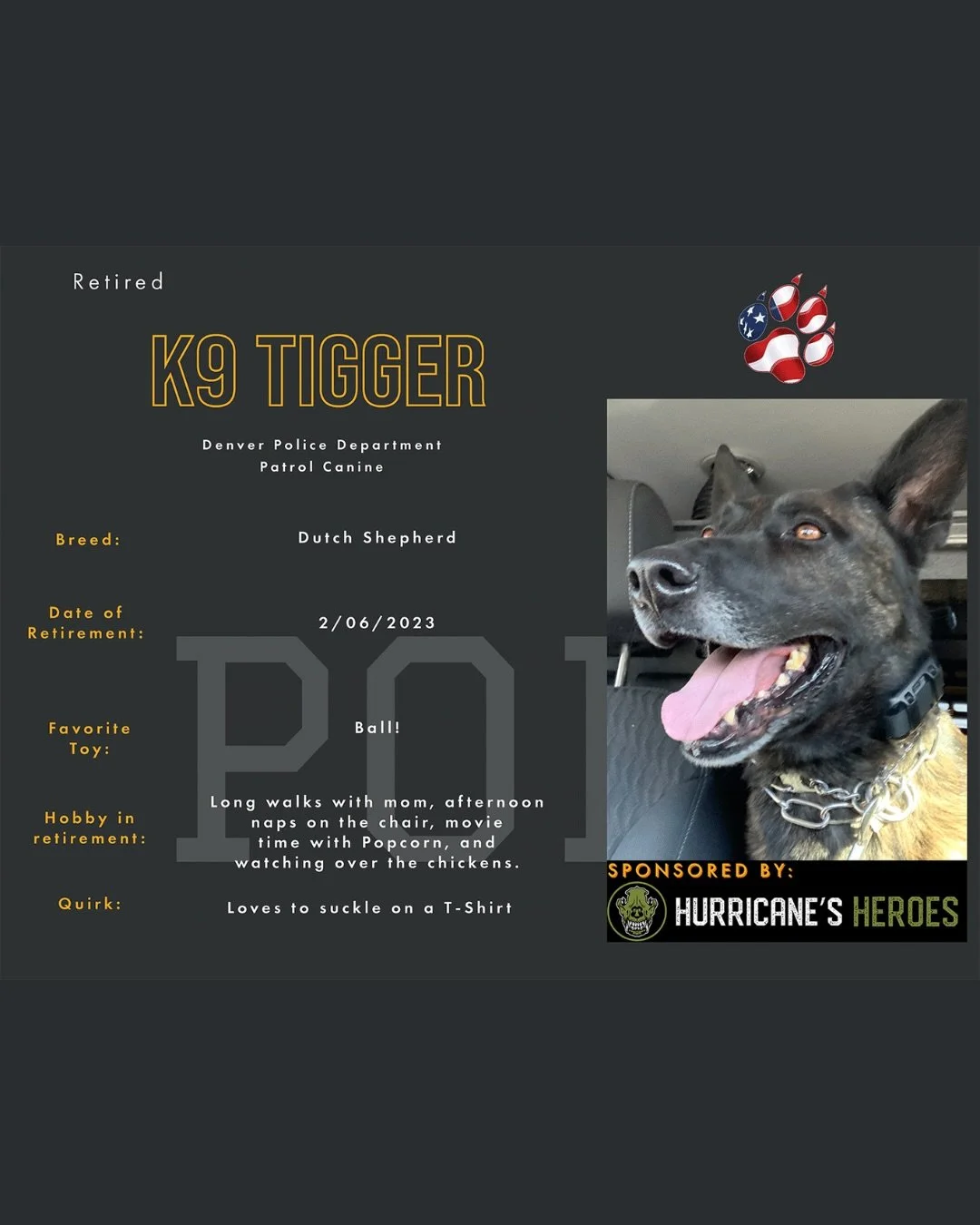 📣Meet K9 Tigger📣

K9 Tigger is a retired Denver PD and one of our newest sponsored pups!!

Tigger came to Denver and started his Patrol Career. He was essential in the integration of K-9&rsquo;s with the SWAT team. Tigger was Certified through the 