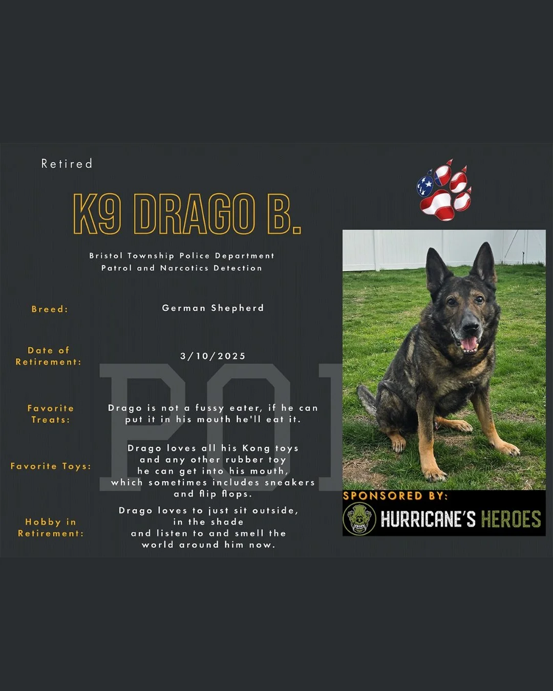 📣Meet K9 Drago📣

K9 Drago is a retired Bristol Township PD (PA) and one of our newest sponsored pups!!

Drago is a Dual Purpose K9. He was certified in Patrol and Narcotics. He is here by way of Germany. He did his initial training at the New Jerse