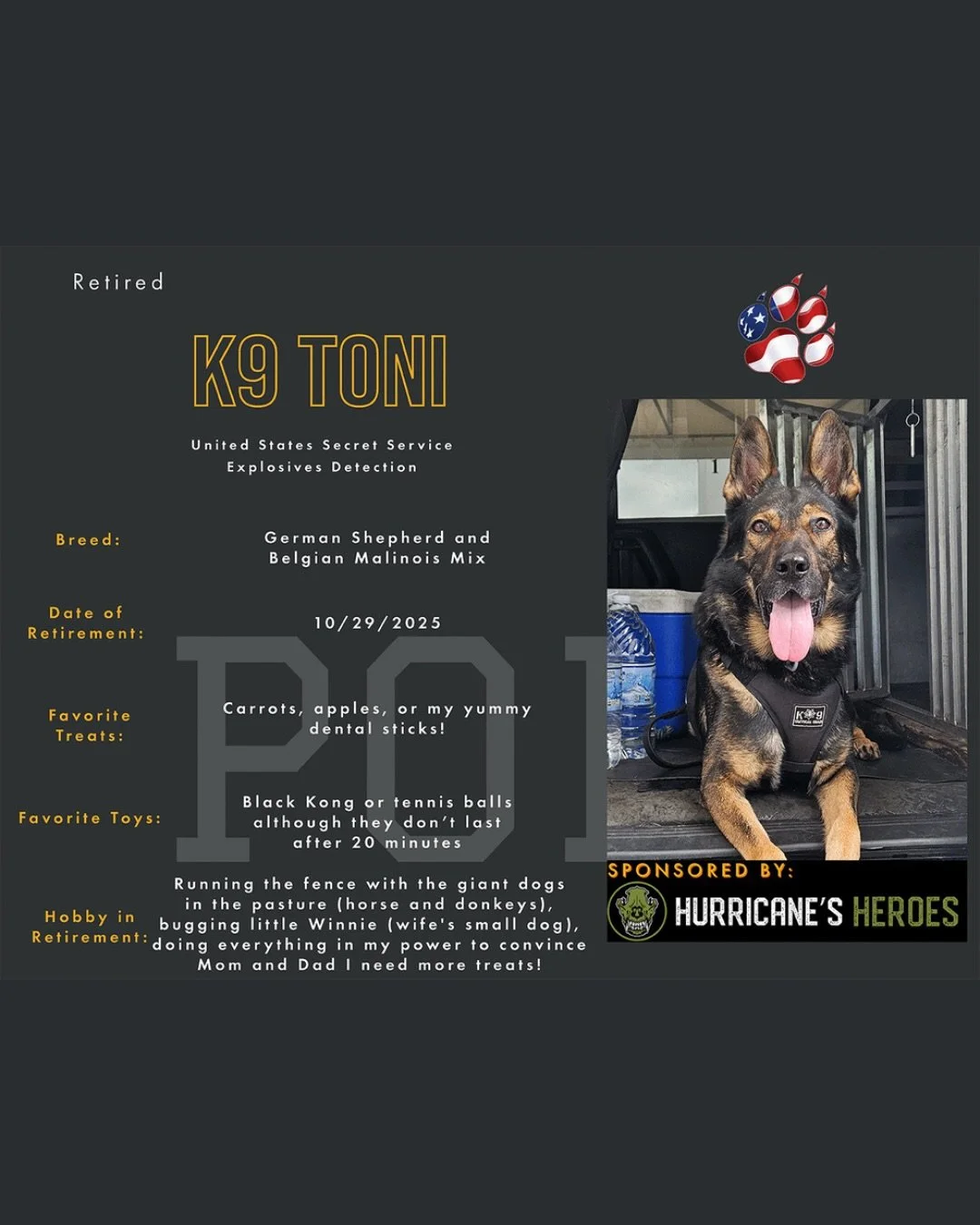 📣Meet K9 Toni📣

K9 Toni is a retired working dog with the US Secret Service and one of our newest sponsored pups!!

K9 Toni came from Europe when he was just under 2 years old. During normal working days Toni would work at the White House, Vice Pre