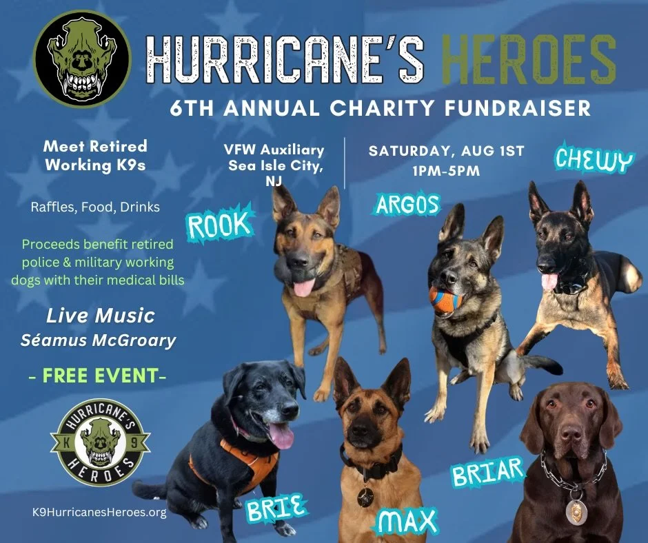 ROLL CALL for the 6th Annual Charity Fundraiser: Support Our Retired K9 Heroes! 🇺🇸

Come hang out with Rook, Brie, Chewy, Argos, Briar &amp; Max 🐾

🗓️ When: Saturday, August 1st | 1:00 PM &ndash; 5:00 PM
📍 Where: VFW Auxiliary Post 1963
(301 Joh
