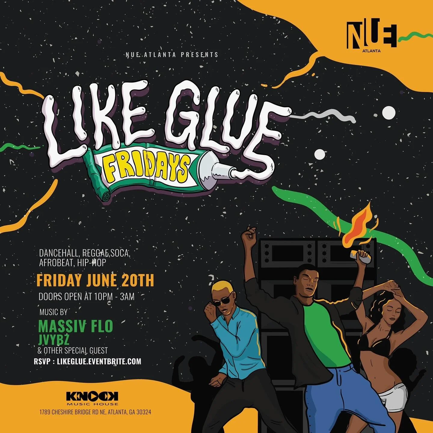 Friday night in the city @likeglueatl returns! Free before 12 with RSVP And It&rsquo;s warming up in the city and we&rsquo;re back outside @knockmusichouse 
.
RSVP: Likeglueatl.com
.
Music by: @dflomassivflo @massivflo &amp; @dj_jvybz
.
Clear Sky And