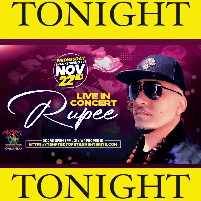 🔆 The day is here &amp; @therealrupee is here too! 

🔊🔊🔊 Meet me tonight inside @mangosorlando for #TemptedToFete! 

🎟️ Tickets still available online until 9pm! Contact @drew_upperclass @itsvid @deviousmike @badsportent for more info!
