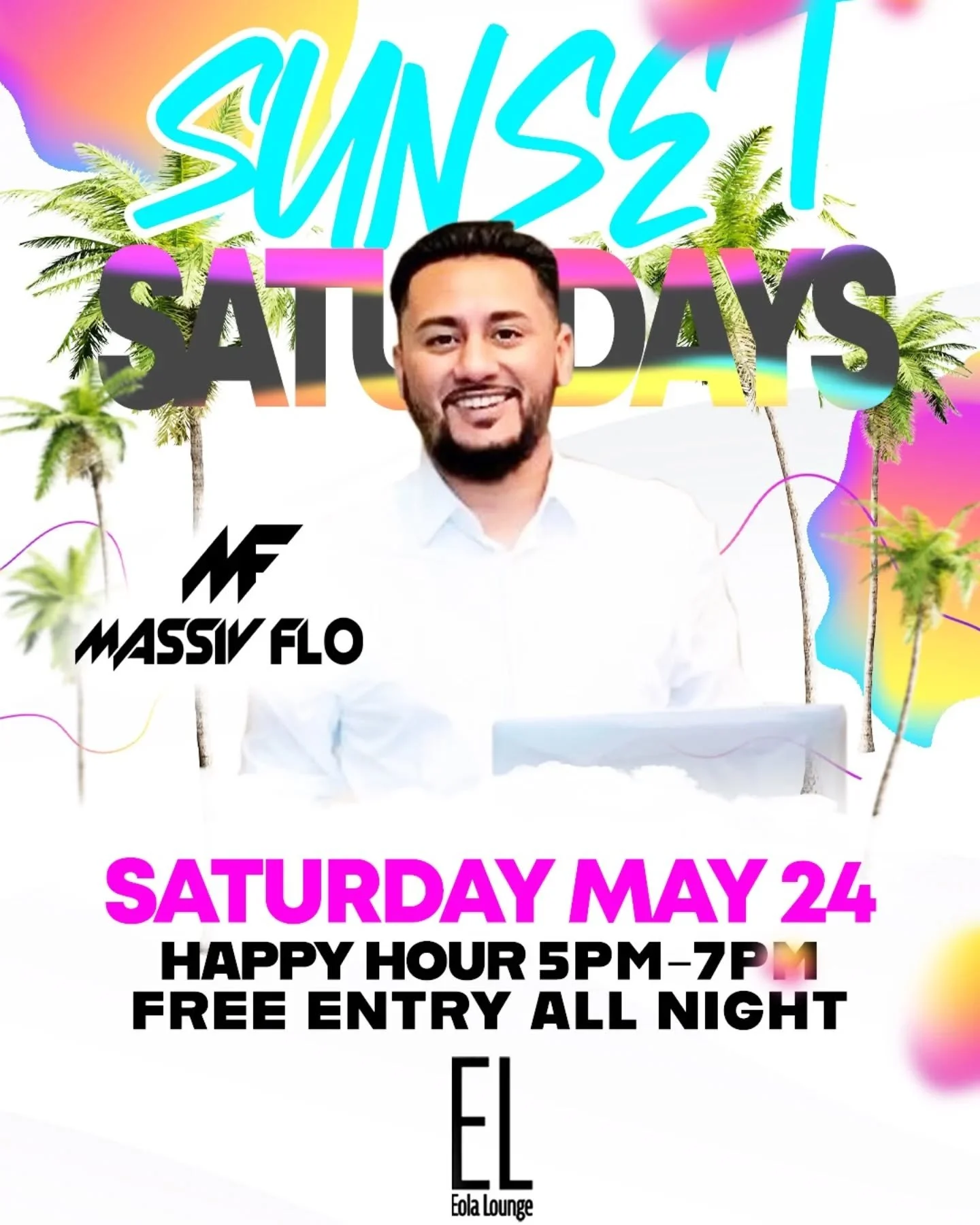 Sunset Saturdays is back at Eola Lounge
This Saturday, May 24 &ndash; Vibes by Massiv Flo
Happy Hour 5&ndash;7PM | FREE ENTRY all night!

Pull up to the hottest spot in Orlando!
100 S. Eola Dr. | Text to RSVP:
Sanjay 516-263-5610 | Balla 516-644-1404