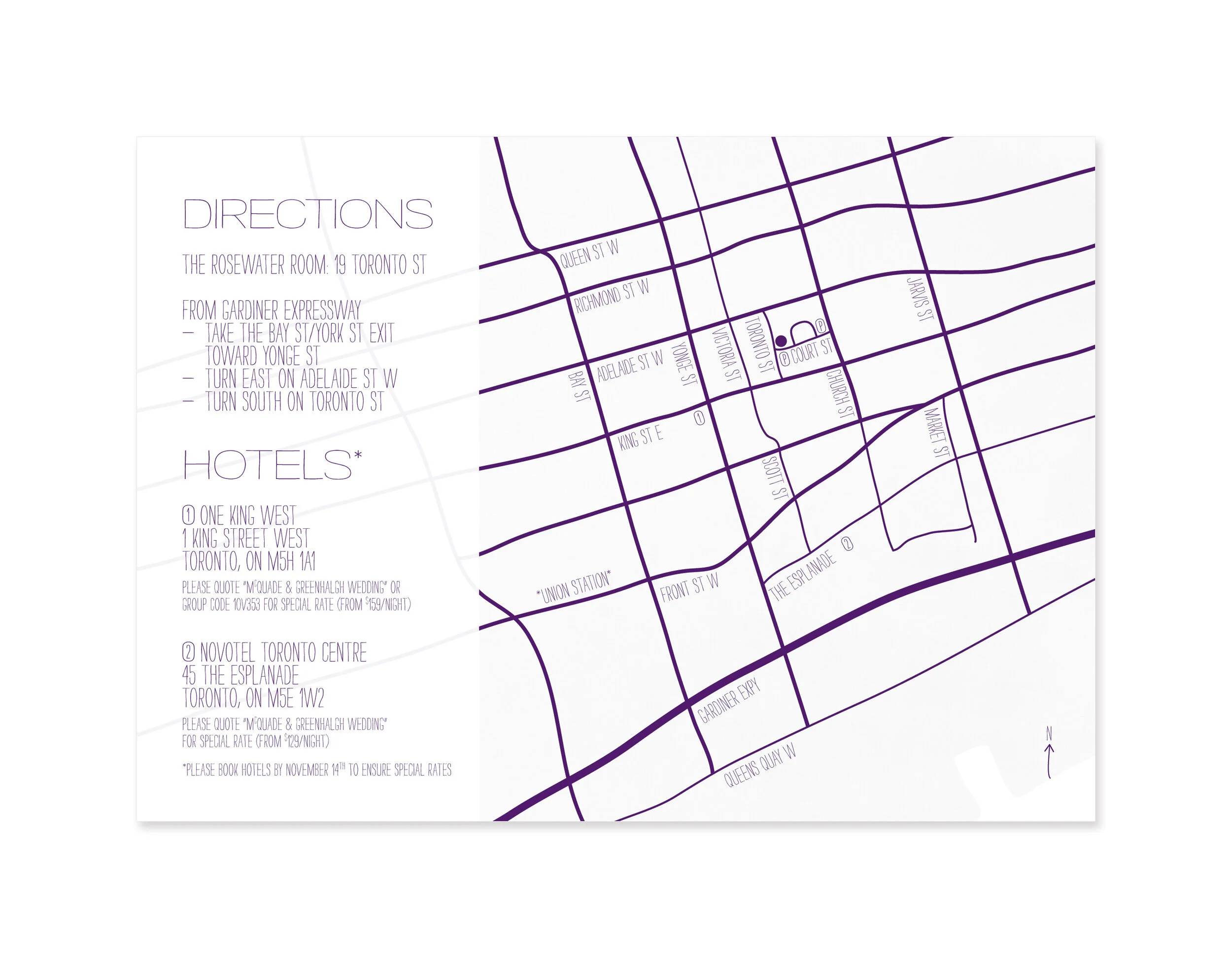  Client: Megan &amp; Kyle Quantity Produced: 125 Production Time: 1 month Print Credits: Somerset Graphics Co Ltd Type Credits: Strangelove Next Wide, Strangelove Next Narrow Page Count: 3 cards (Invitation, RSVP Postcard, Map Card) Print Method: Off