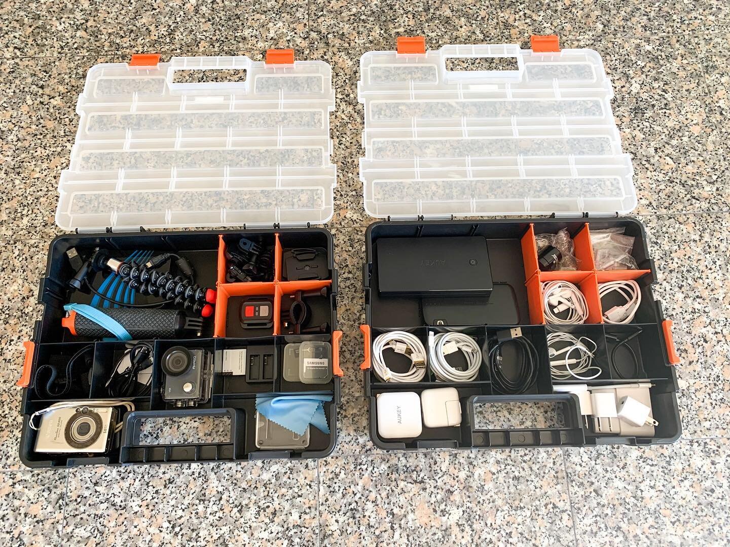 Electronics and camera organization: The local Home Depot sells tool/screw organizers that stack and have adjustable compartments. Skip the Container Store when you just need functionality because your hardware or big box store will have something so