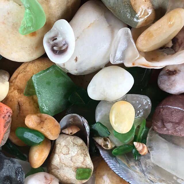 Sea glass, rocks and shells from recent beach walk collections on Staten Island.