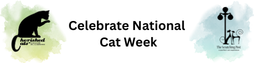The words celebrate national cat week with the cherished cats logo to the left and the scratching post logo to the right