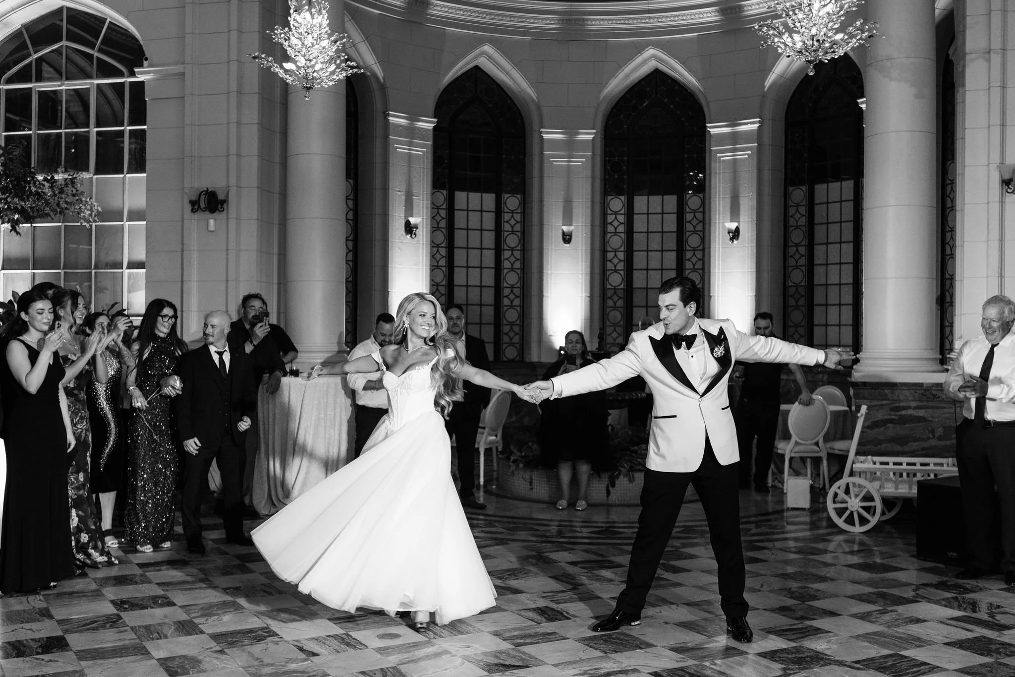 First Dance for Canadian Couple at Casa Loma in the atrium - Summer wedding 2026 Canadian Bride Guide Leah and Alexander at Casa Loma