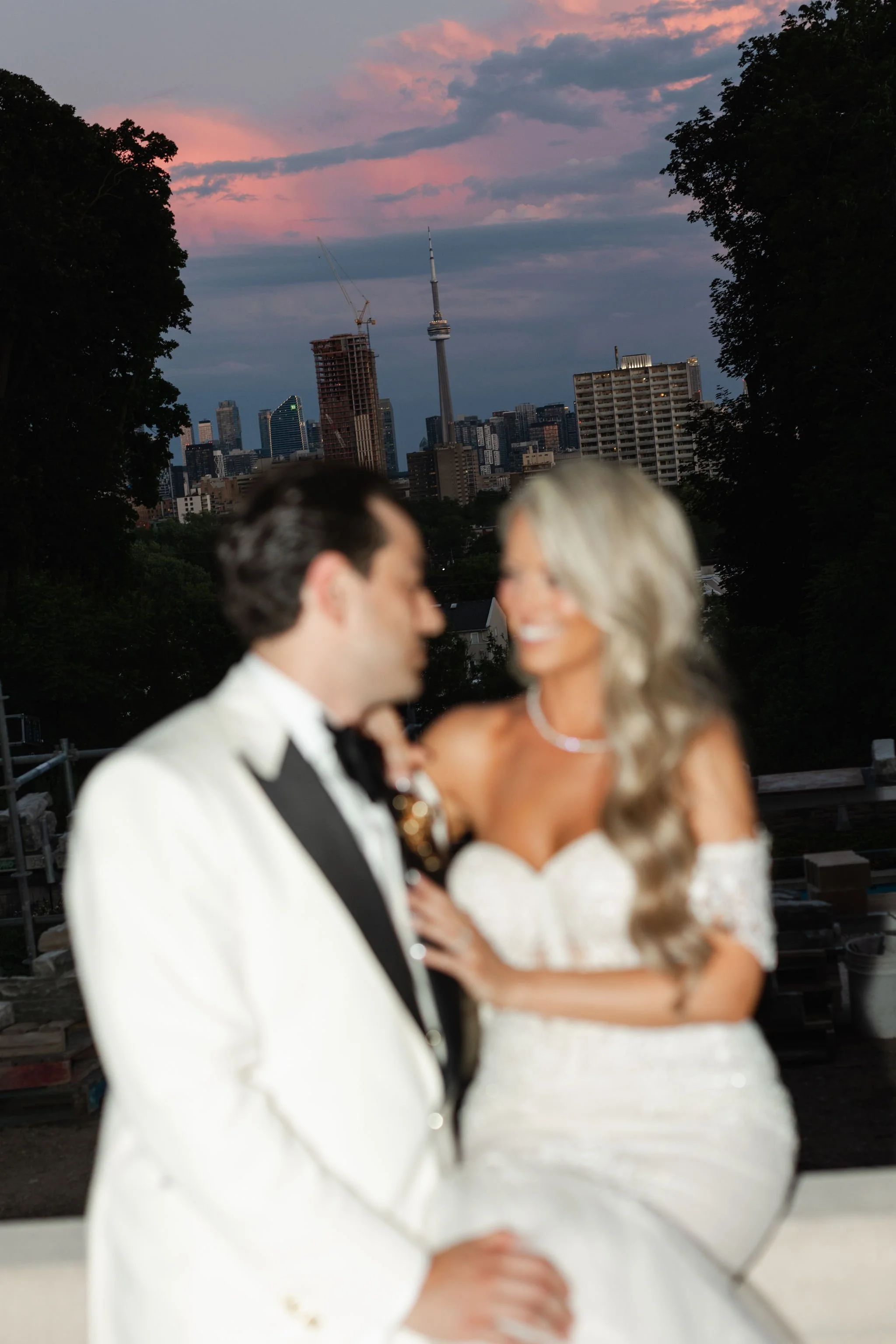 Toronto Wedding Couple Skyline shot - just married at casa loma